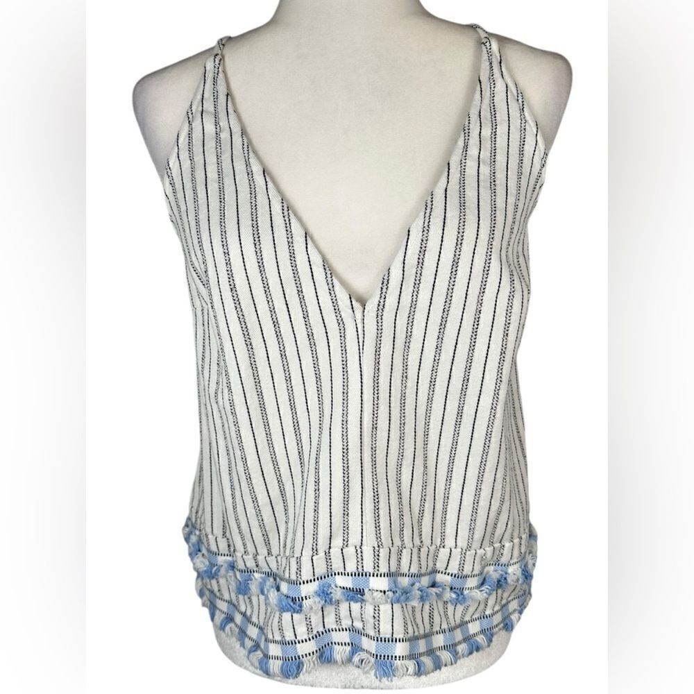 SUBOO White & Baby Blue Striped Fringe Trim Boho Tank Top